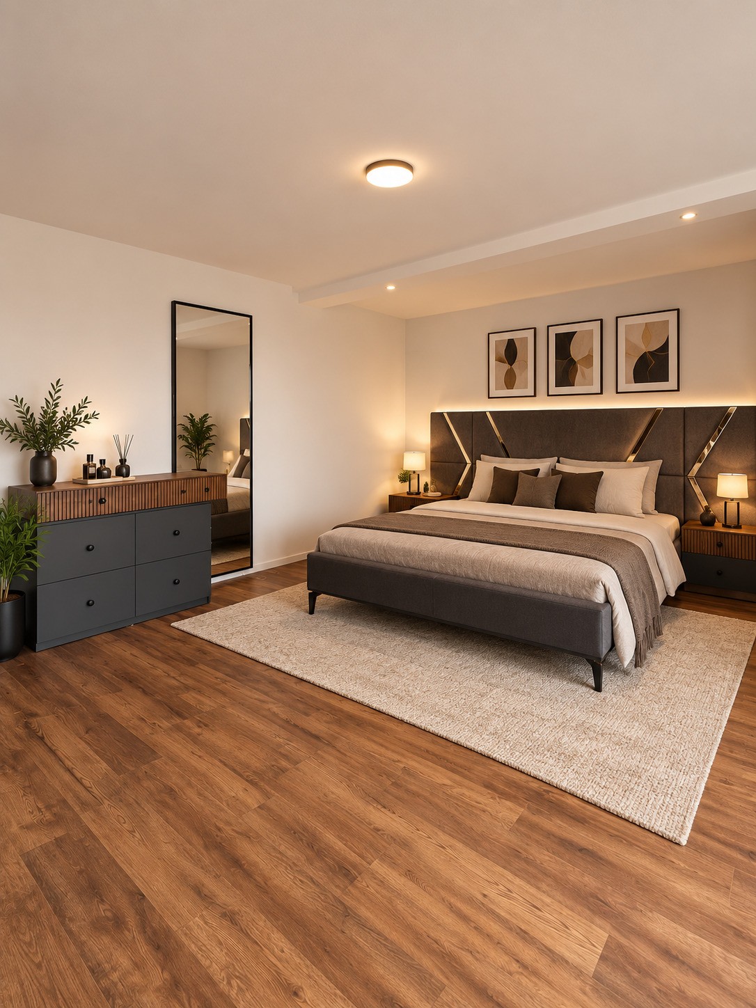 Ensemble chambre grise et bois avec lit coffre sur mesure — réalisation EMA