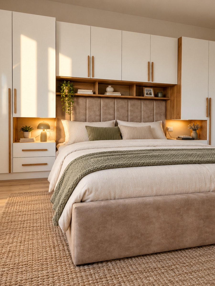 Ensemble chambre blanc laqué avec armoire enveloppante sur mesure — réalisation EMA