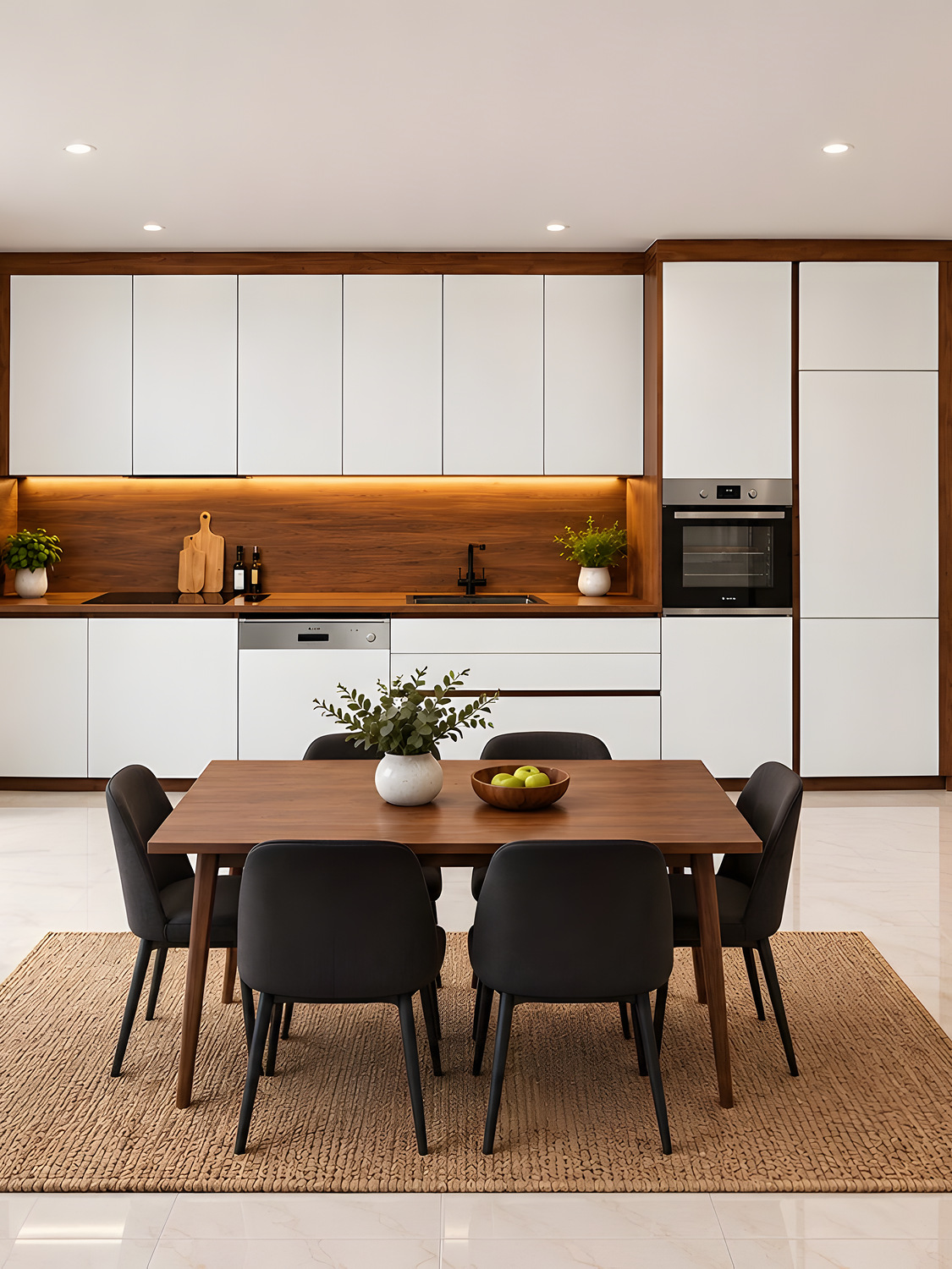 Cuisine aspect noyer et façades blanc mat sur mesure — réalisation EMA 16