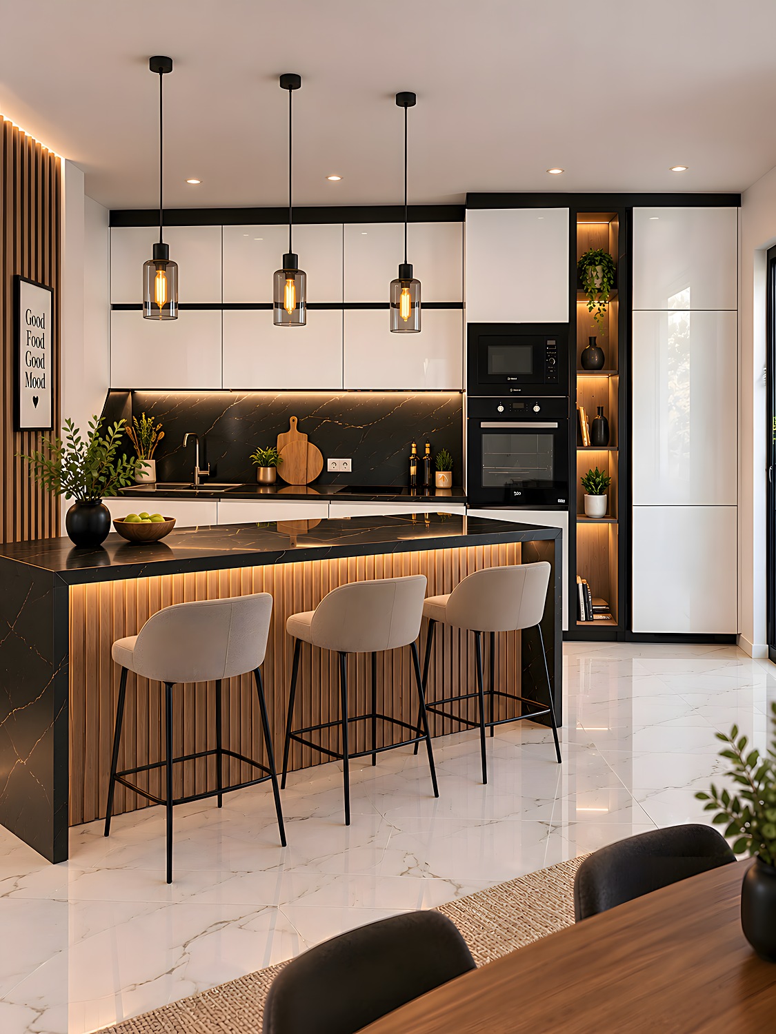 Cuisine noir et blanc avec îlot aspect marbre sur mesure — réalisation EMA