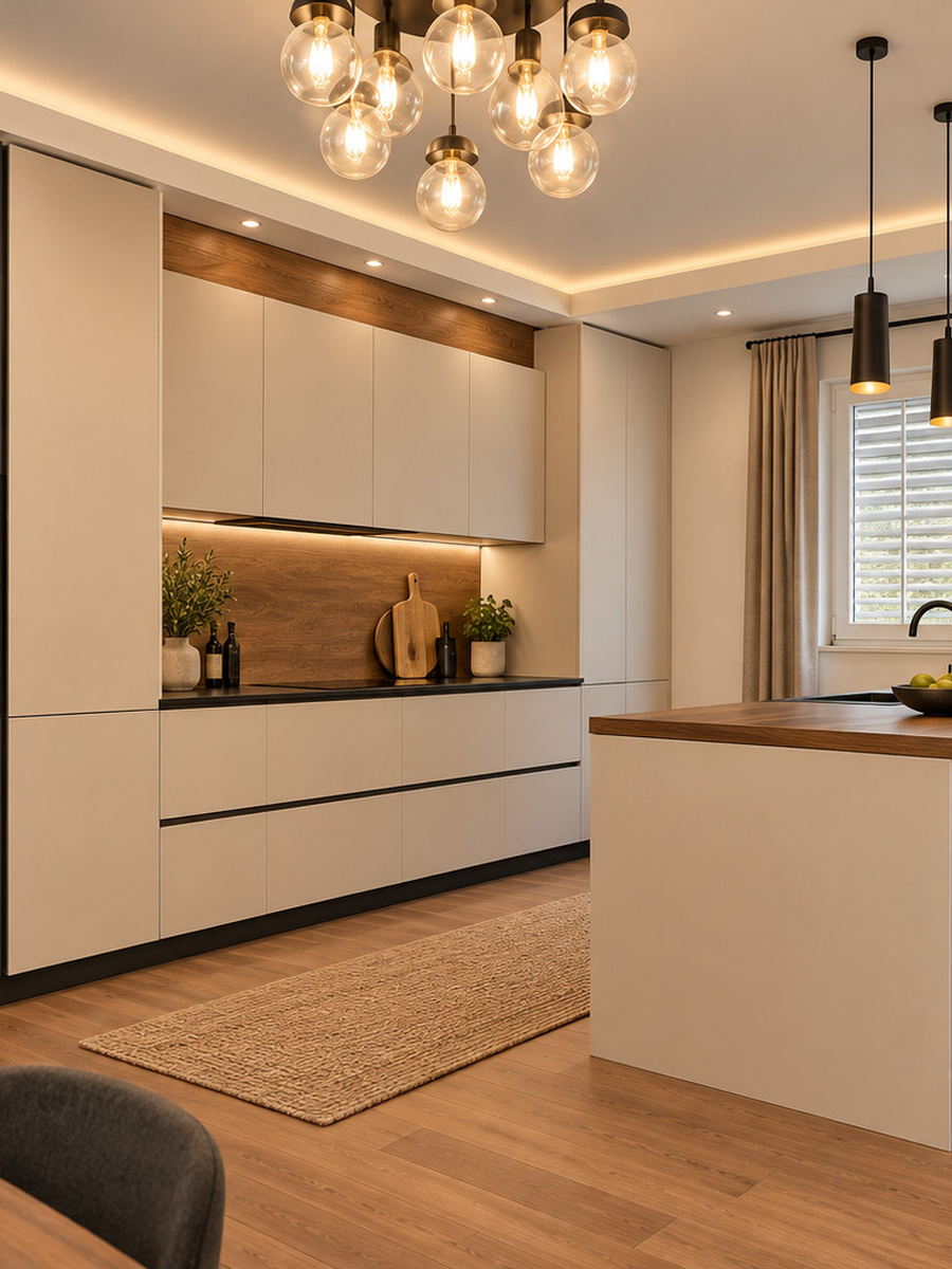 Cuisine beige et bois avec colonne noire sur mesure — réalisation EMA