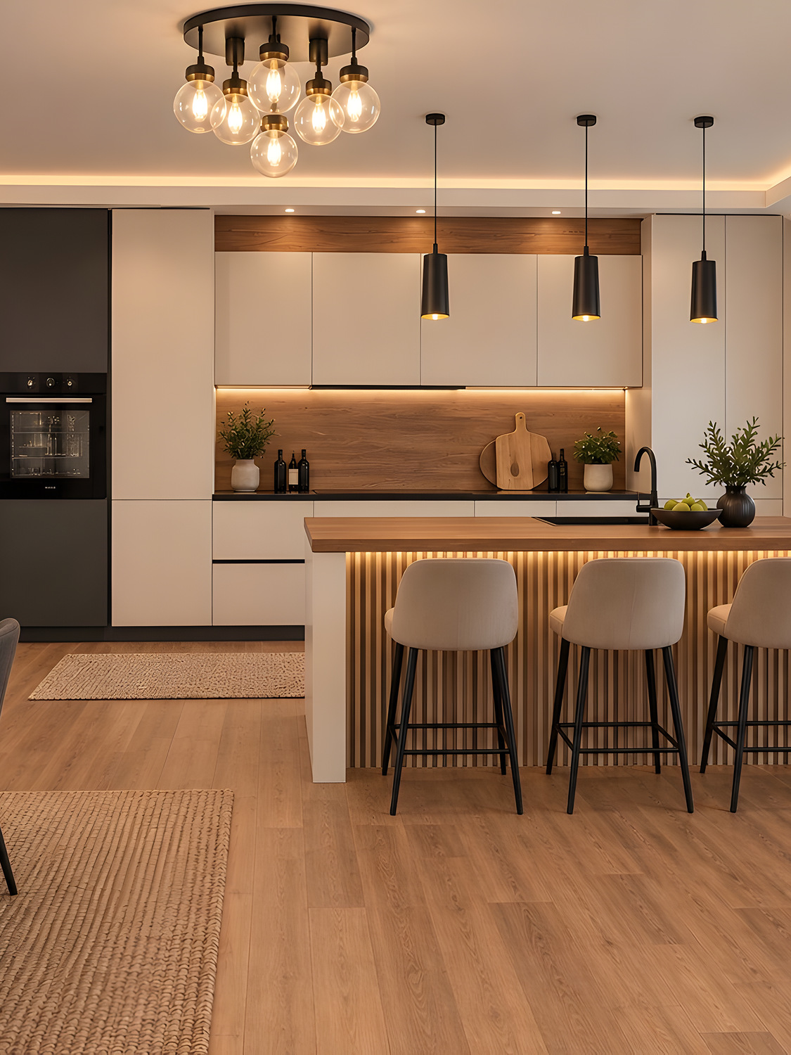 Cuisine beige et bois avec colonne noire sur mesure — réalisation EMA 19