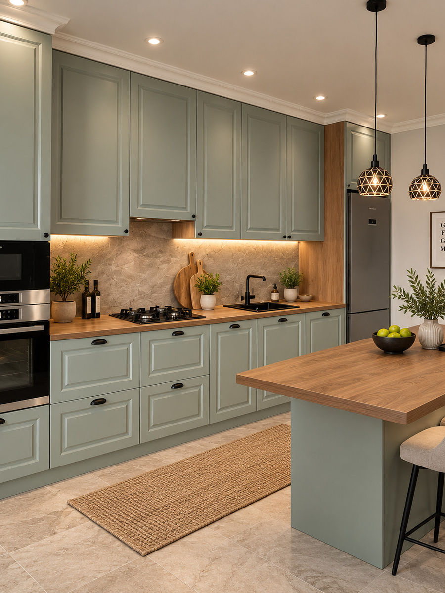Cuisine vert sauge et bois avec colonne inox sur mesure — réalisation EMA