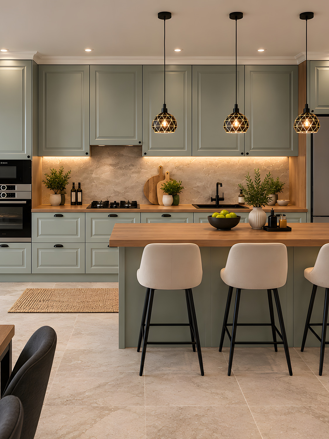 Cuisine vert sauge et bois avec colonne inox sur mesure — réalisation EMA 20