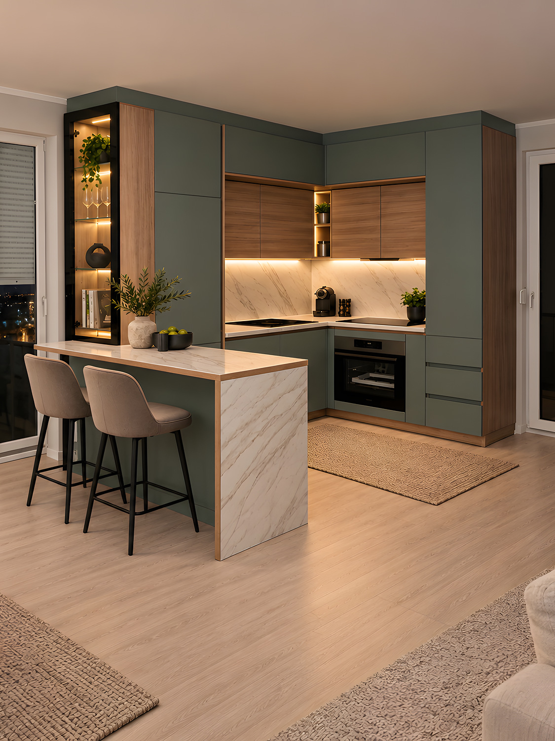 Cuisine vert sauge et vitrine noire avec îlot effet marbre sur mesure — réalisation EMA 21