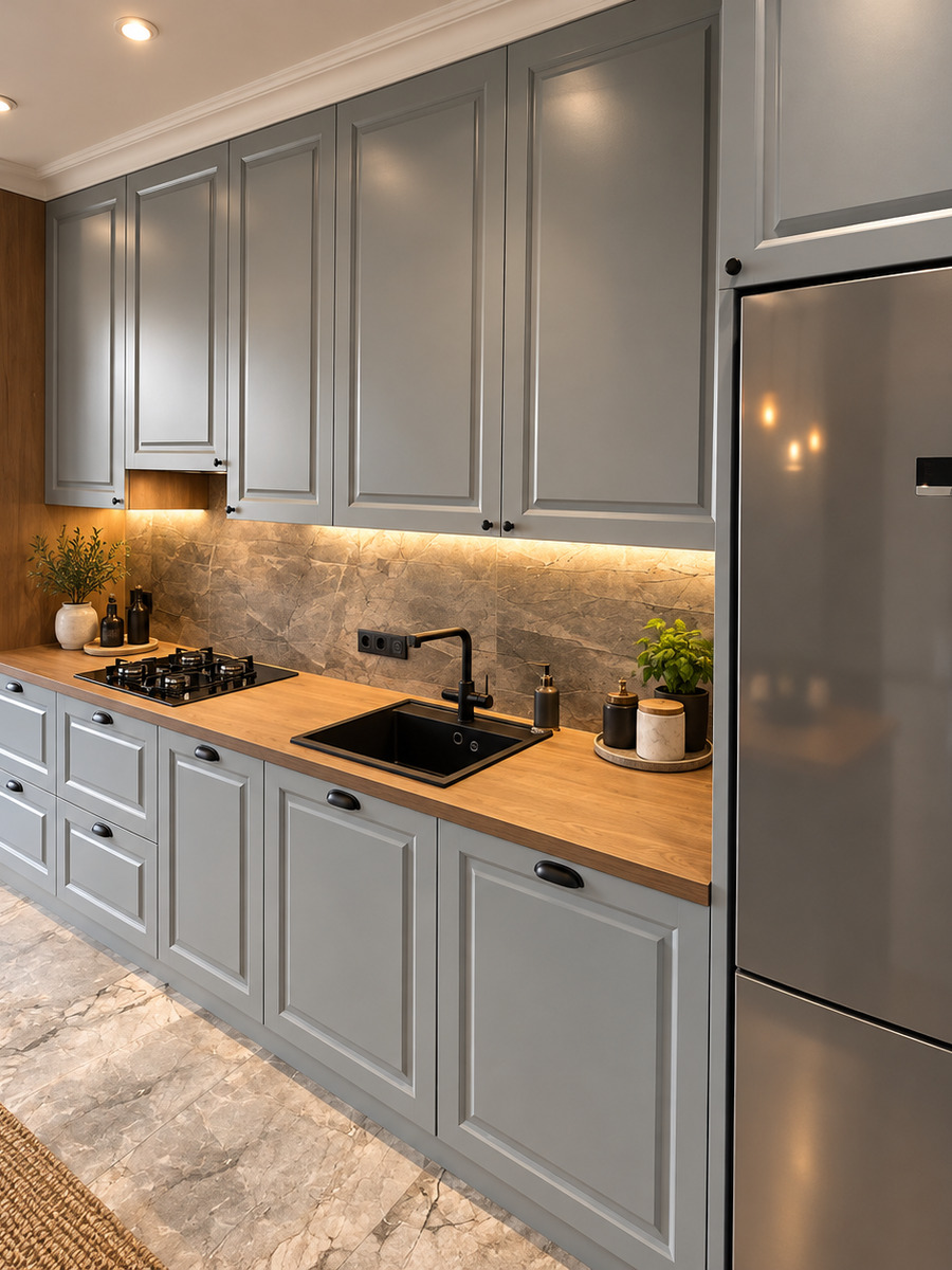 Cuisine gris clair et bois avec crédence effet marbre sur mesure — réalisation EMA