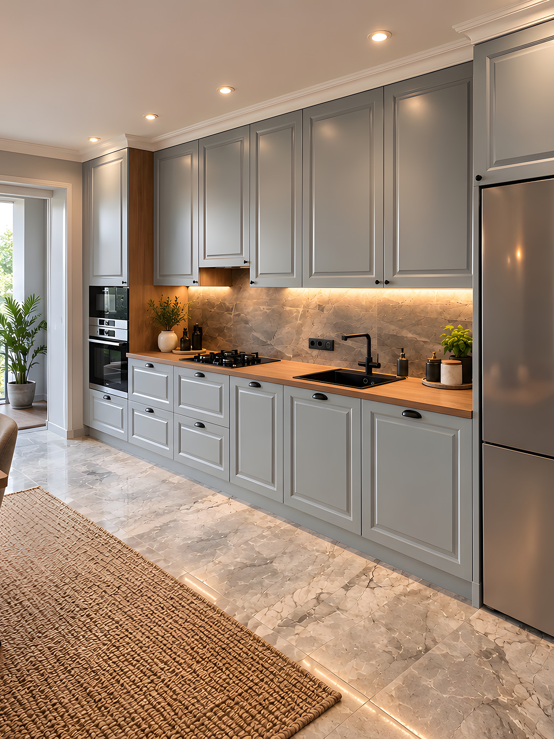 Cuisine gris clair et bois avec crédence effet marbre sur mesure — réalisation EMA 22