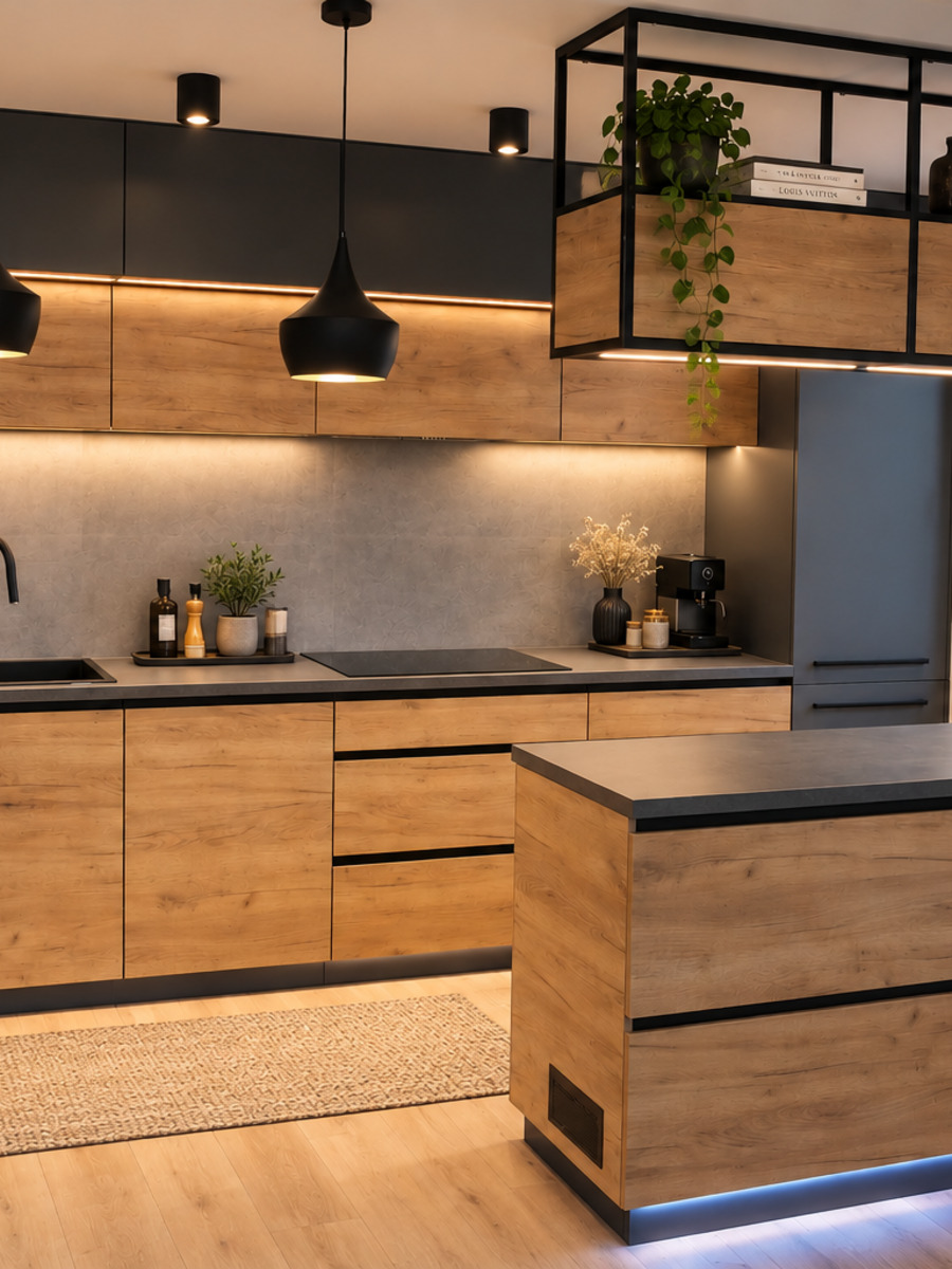 Cuisine industrielle anthracite et bois avec étagère métallique sur mesure — réalisation EMA