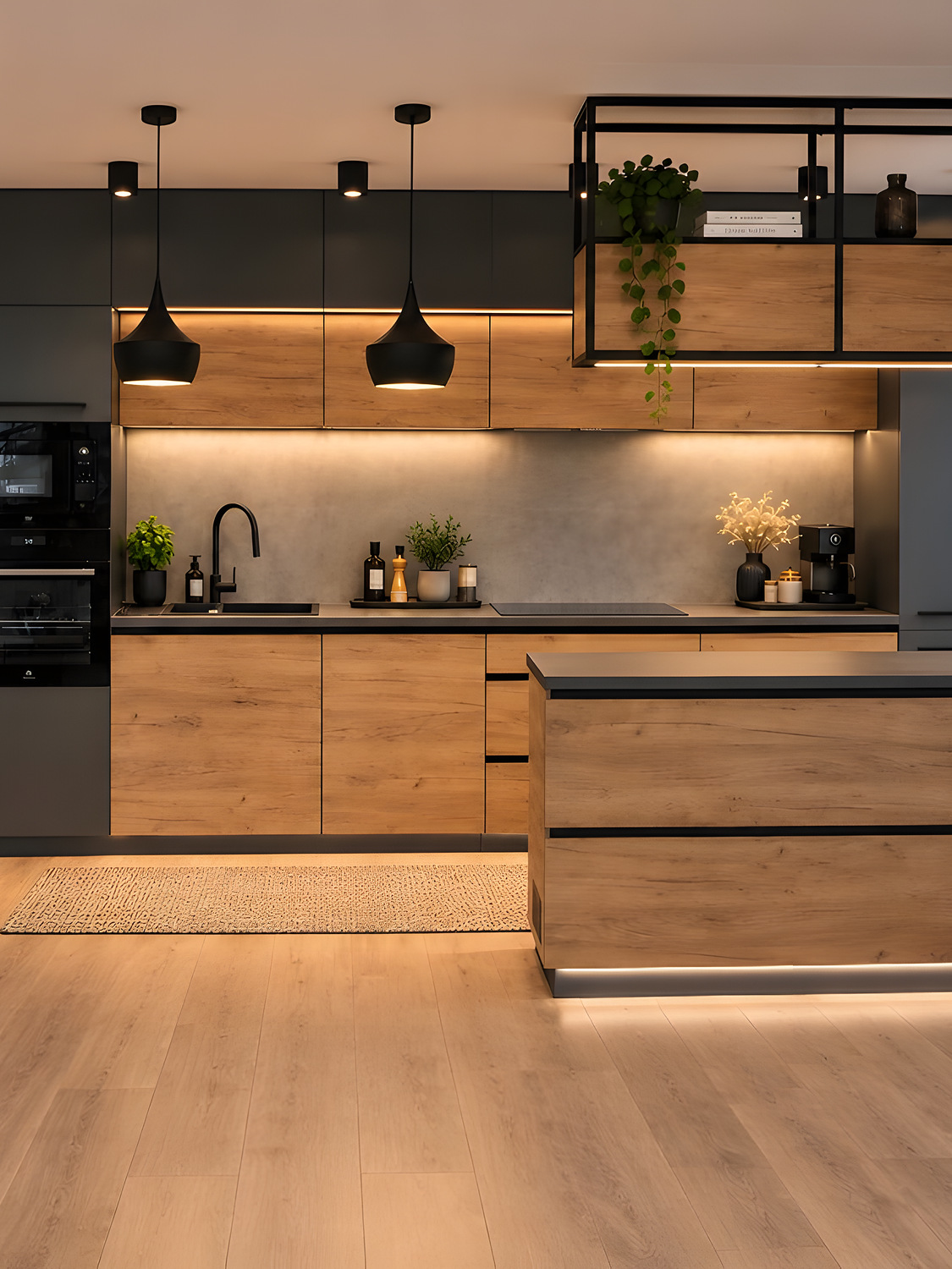 Cuisine industrielle anthracite et bois avec étagère métallique sur mesure — réalisation EMA 23