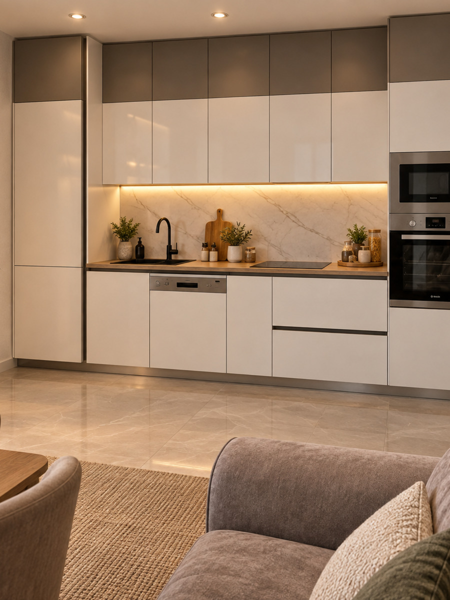 Cuisine beige et mur à lattes effet bois avec crédence effet marbre sur mesure — réalisation EMA