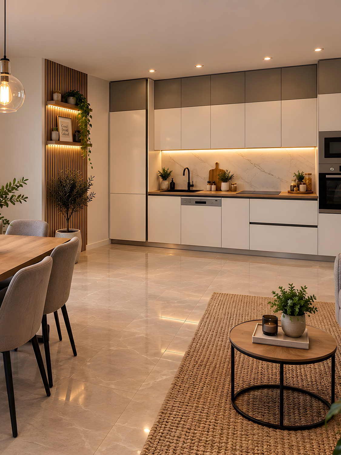 Cuisine beige et mur à lattes effet bois avec crédence effet marbre sur mesure — réalisation EMA 24