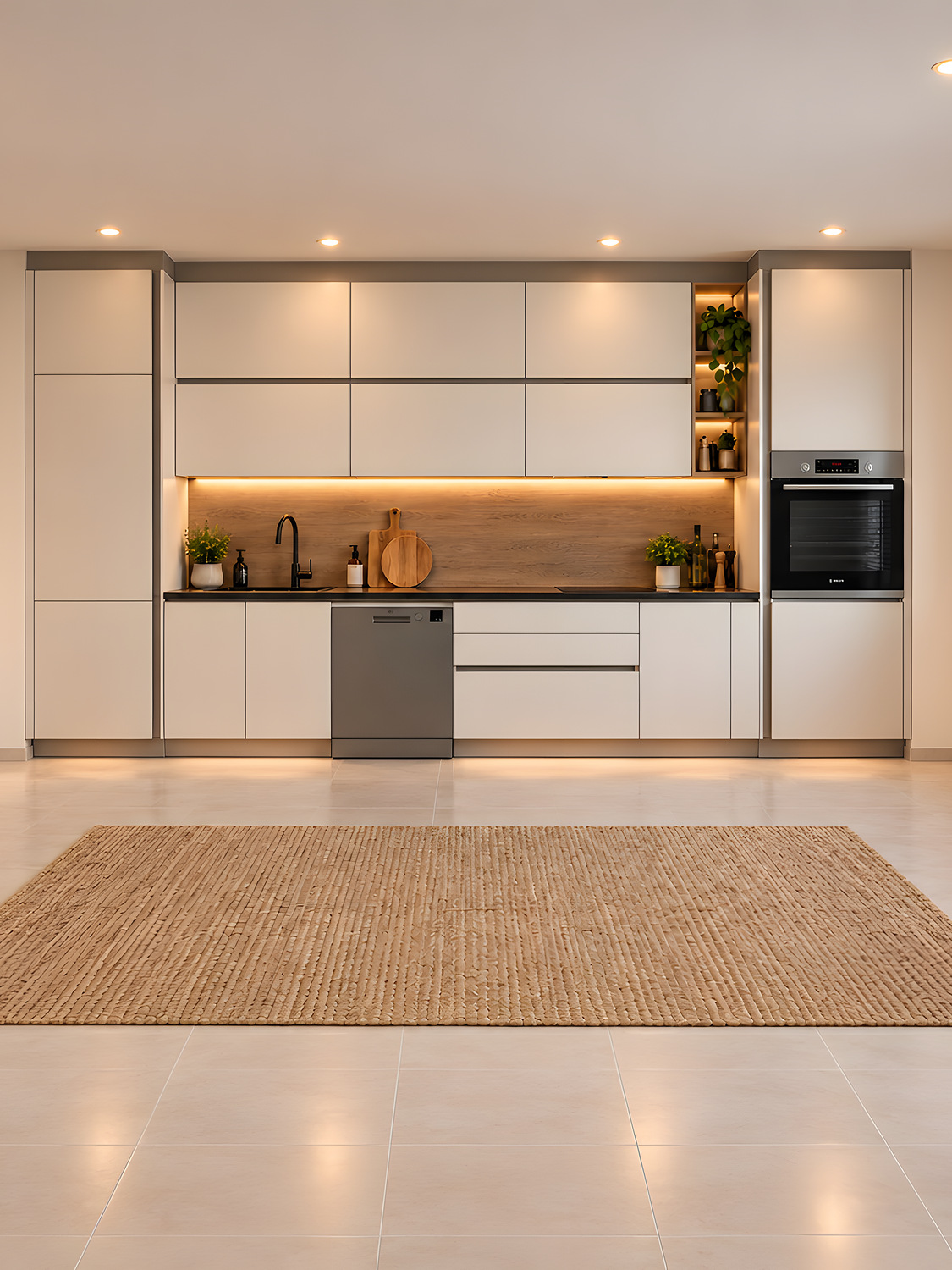 Cuisine beige avec crédence effet bois et rangements intégrés sur mesure — réalisation EMA 26