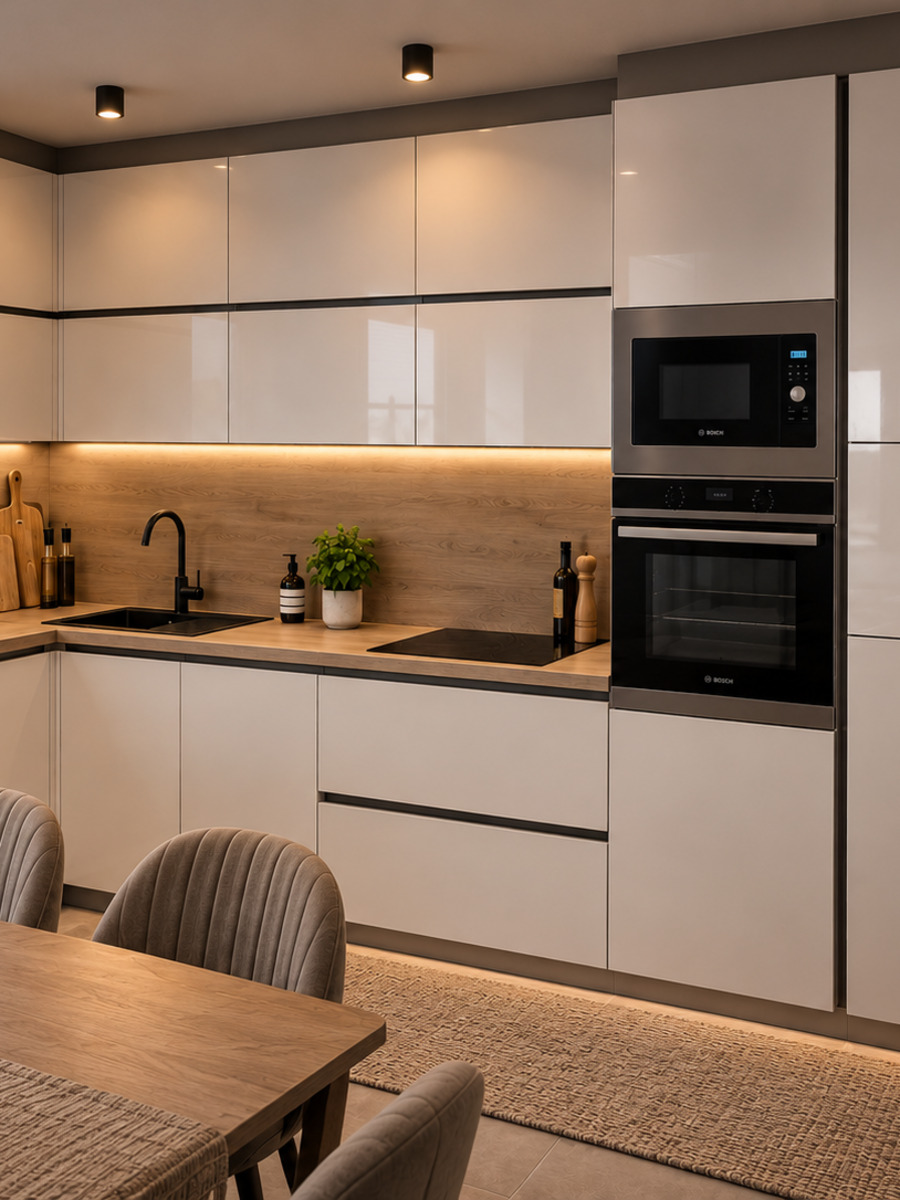 Cuisine blanc brillant avec crédence effet bois et rangements intégrés sur mesure — réalisation EMA