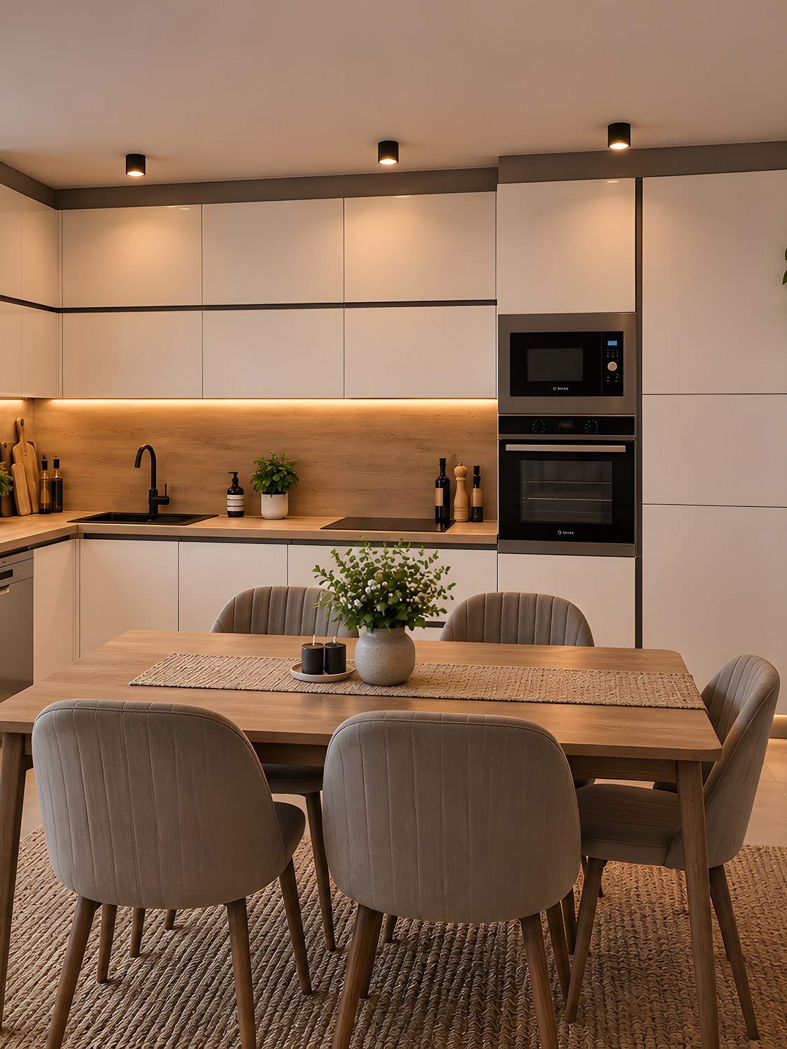 Cuisine blanc brillant avec crédence effet bois et rangements intégrés sur mesure — réalisation EMA 27