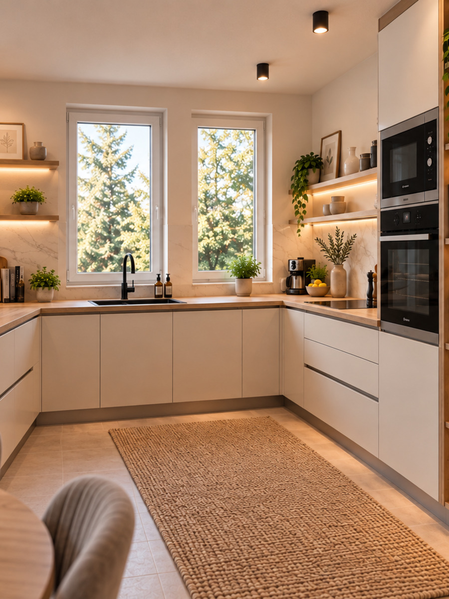 Cuisine beige avec étagères ouvertes bois et crédence effet marbre sur mesure — réalisation EMA
