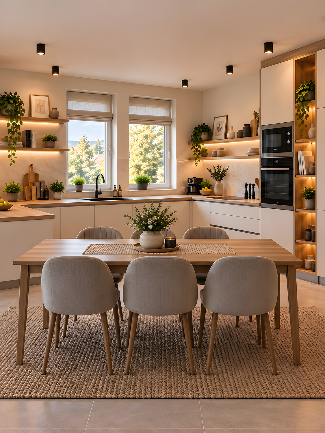 Cuisine beige avec étagères ouvertes bois et crédence effet marbre sur mesure — réalisation EMA 29