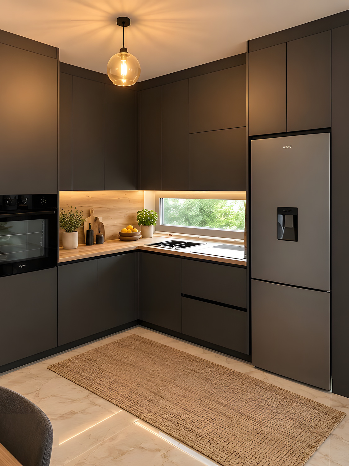 Cuisine anthracite mat avec plan de travail bois clair et colonne intégrée — réalisation EMA 30