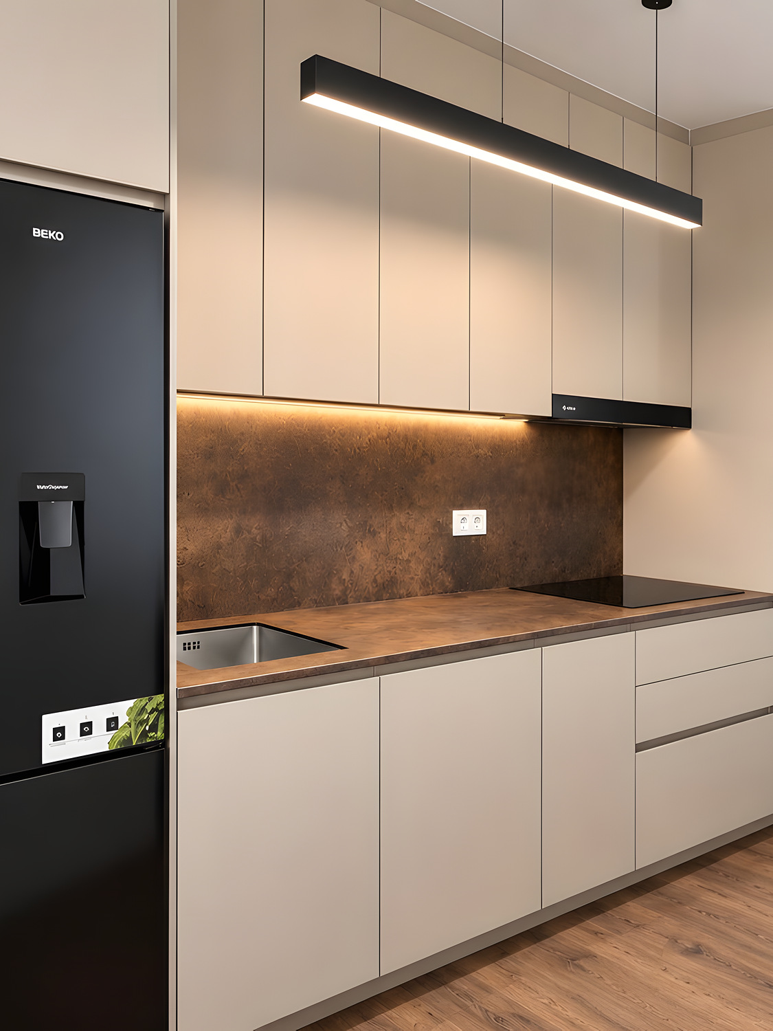 Cuisine beige/taupe mat avec crédence effet cuivre et suspension linéaire noire — réalisation EMA 31