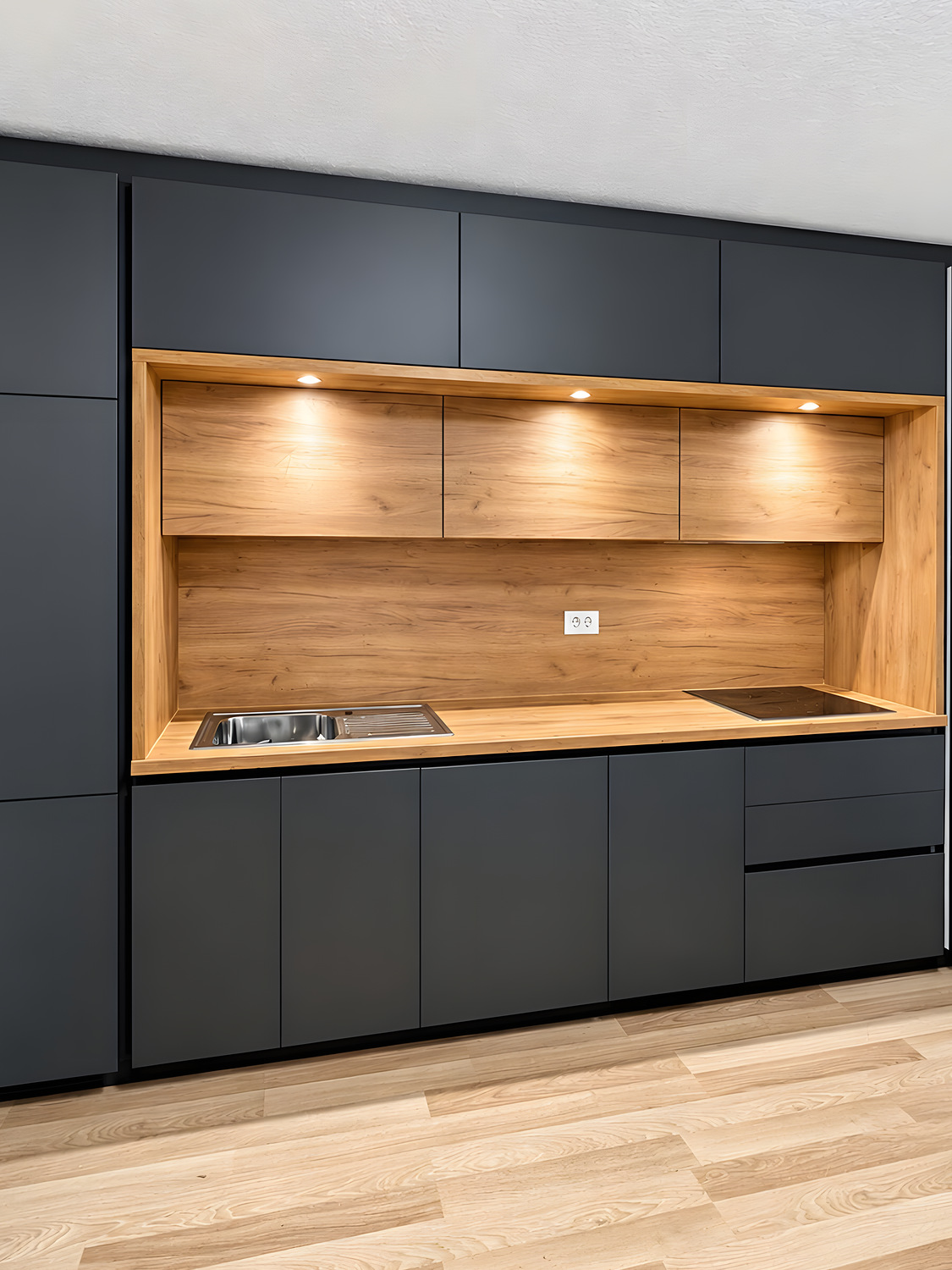 Cuisine anthracite mat avec niche bois clair éclairée et colonnes intégrées — réalisation EMA 32