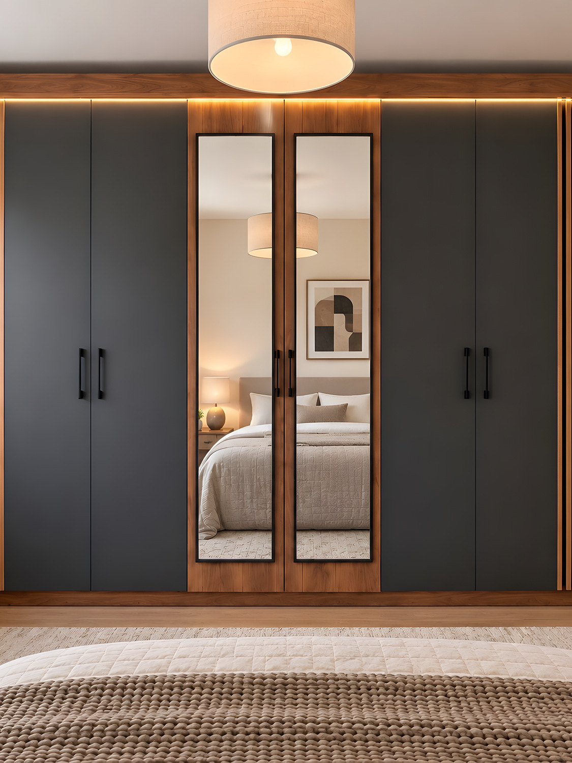 Armoire anthracite mat et noyer avec portes miroir et éclairage LED — réalisation EMA 03