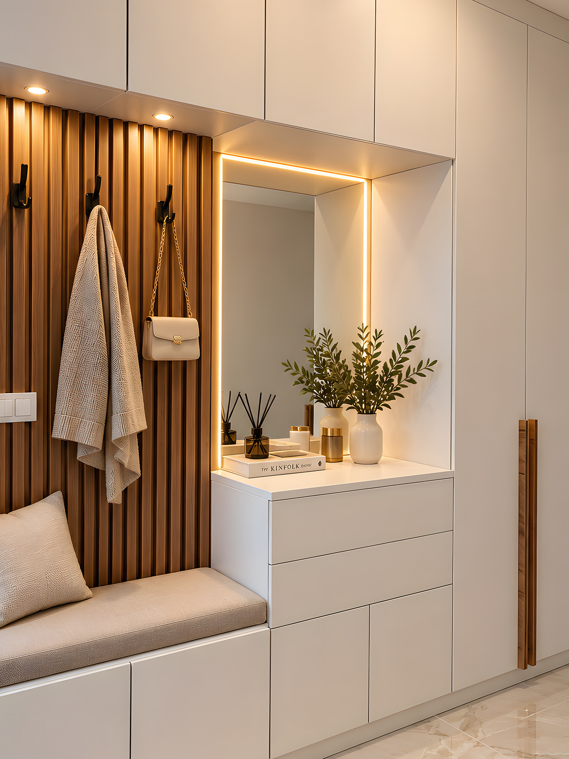 Meuble d'entrée sur mesure avec banc et miroir — réalisation EMA
